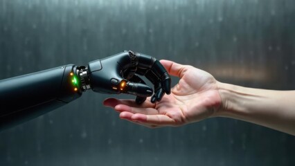 Human and robotic hand reaching out to each other symbolizing connection and technology in a modern setting. Concept of disability, inclusion 