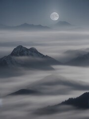 A breathtaking misty mountain landscape in soft shades of gray and blue. The atmospheric fog creates a dreamy, tranquil mood, perfect for nature lovers and minimalistic art enthusiasts.