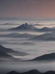 A breathtaking misty mountain landscape in soft shades of gray and blue. The atmospheric fog creates a dreamy, tranquil mood, perfect for nature lovers and minimalistic art enthusiasts.