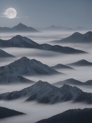 A breathtaking misty mountain landscape in soft shades of gray and blue. The atmospheric fog creates a dreamy, tranquil mood, perfect for nature lovers and minimalistic art enthusiasts.
