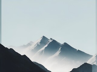 A serene mountain landscape with crisp air and a sense of adventure, featuring a cool blue sky and rocky peaks.