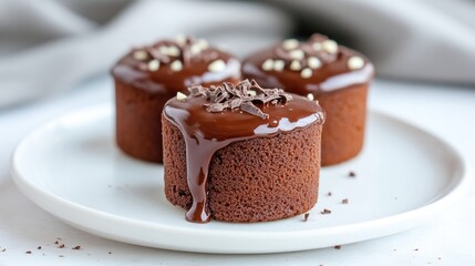 Chocolate treats on a plate.  Three small, round cakes, dark brown in color, are topped with a rich chocolate glaze, drizzled and speckled with white chocolate chips and shavings
