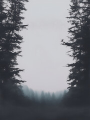 A misty forest scene with tall, dark evergreen trees framing a foggy pathway. The atmosphere is calm and mysterious, ideal for nature lovers.