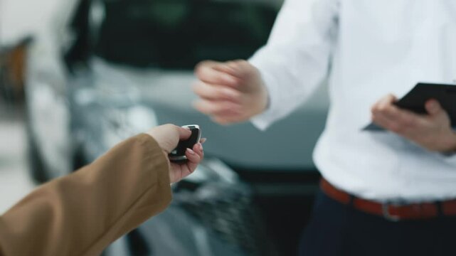 A close-up of the customer receiving the car keys from the dealer in a showroom. Concept an effortless car buying experience, highlighting professionalism and satisfaction in a luxury dealership.