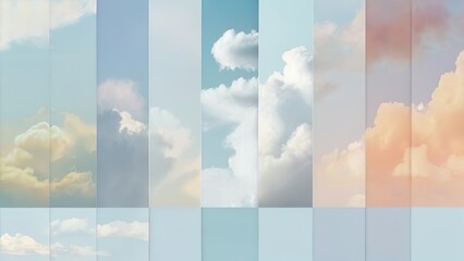 A creative color study of various cloud formations arranged in a grid, blending warm and cool sky tones.