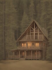 A cozy wooden cabin nestled in a dense forest, exuding warmth and rustic charm. A perfect retreat in nature.