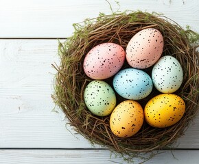 Fototapeta premium Colorful Easter eggs in a rustic nest adorned with moss, arranged artistically on a light wooden background for festive spring celebration ideas.