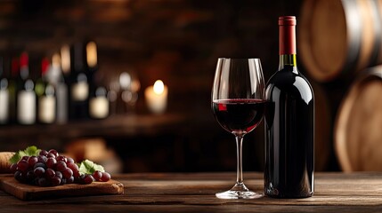 Elegant Red Wine Bottle and Glass with Grapes on Rustic Table