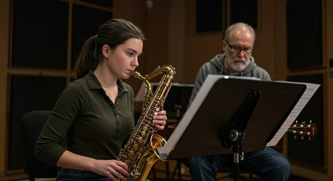 A young student working as a musician, learning to play an instrument from a master musician, practice room.