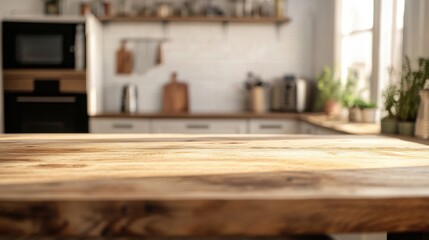Fototapeta premium Rustic kitchen countertop bathed in natural light with modern decor and greenery