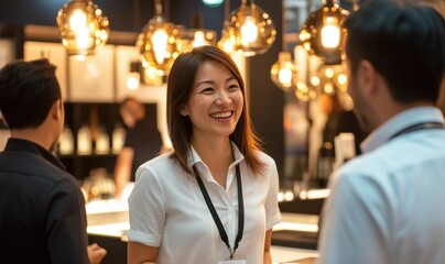 Business professionals engage in an insightful first meeting at a trade fair, focusing on collaboration, sustainability, and strategic opportunities.