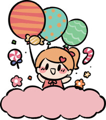 Pink Cloud Girl with Balloons