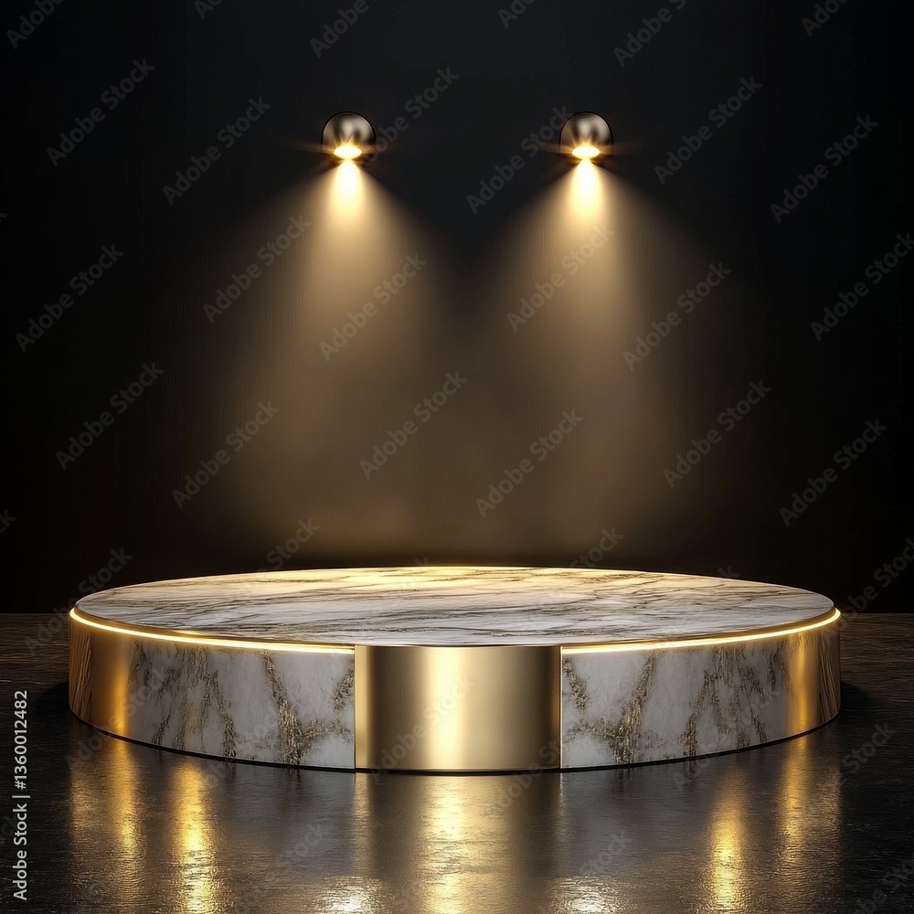 Poster elegant marble and gold podium display with dramatic lighting for product showcase on a dark backgro