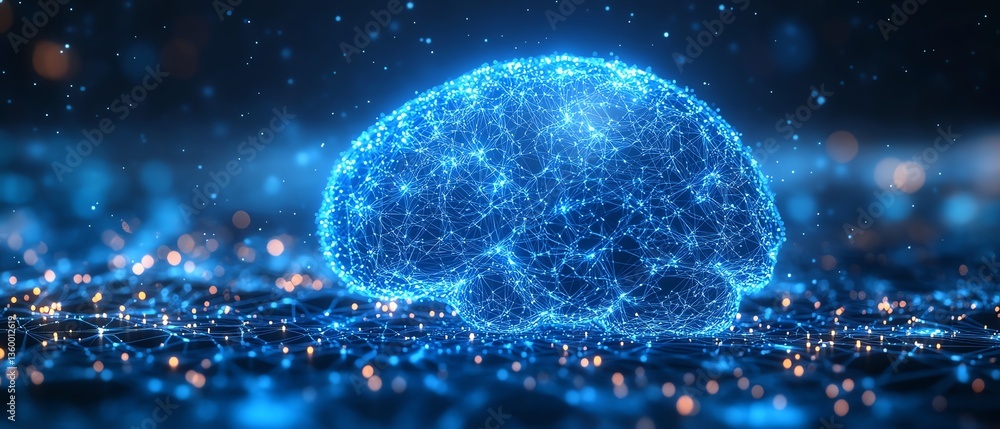 Aufkleber minimalist lowpoly brain with abstract ai wireframe, luminous blue digital web, advanced neural netw