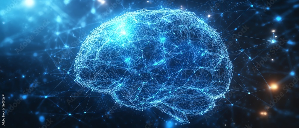 Aufkleber minimalist lowpoly brain with abstract ai wireframe, luminous blue digital web, advanced neural netw