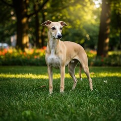 Fototapeta premium Graceful Whippet Puppy in a Sunlit Park – Elegant Young Dog Outdoors