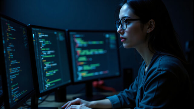 Tech-savvy Programmer Analyzing Code at Night
