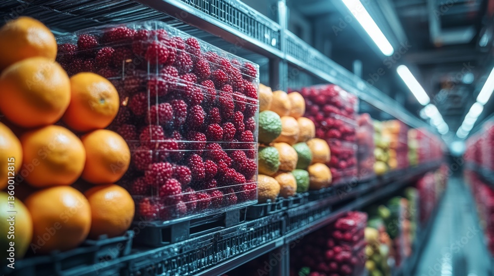 Poster Rows of fresh fruits are carefully organized in a climate controlled refrigeration unit within a logistics warehouse, ensuring quality storage for perishable goods.