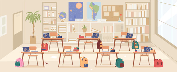 School classroom interior with desks, backpacks and school supplies with no people flat vector illustration.