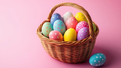 Colorful Easter Eggs in a Wicker Basket Set Against a Soft Pink Background for Festive Celebrations and Springtime Decorations