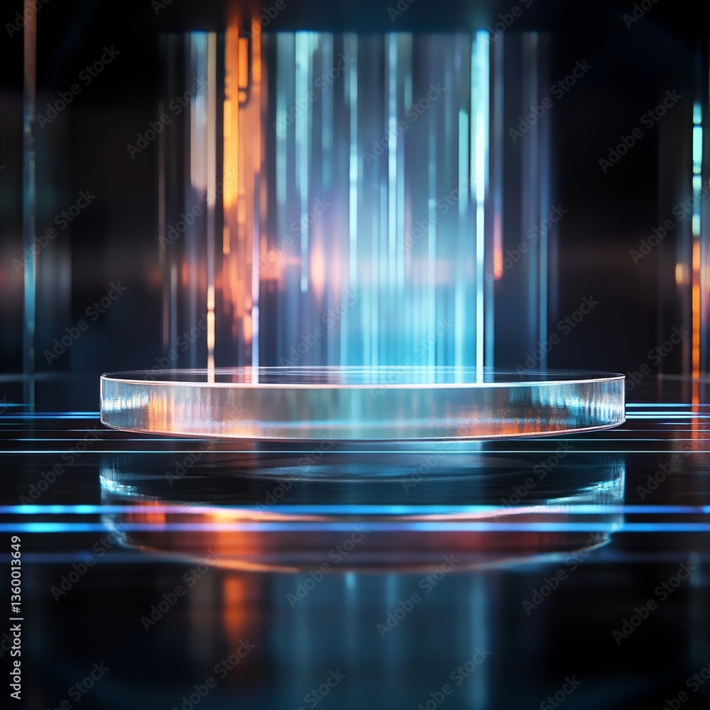 Poster futuristic platform: showcase of modern design with glowing elements and reflective surface