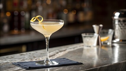 Elegant Cocktail Drink with Lemon Twist on Bar Countertop