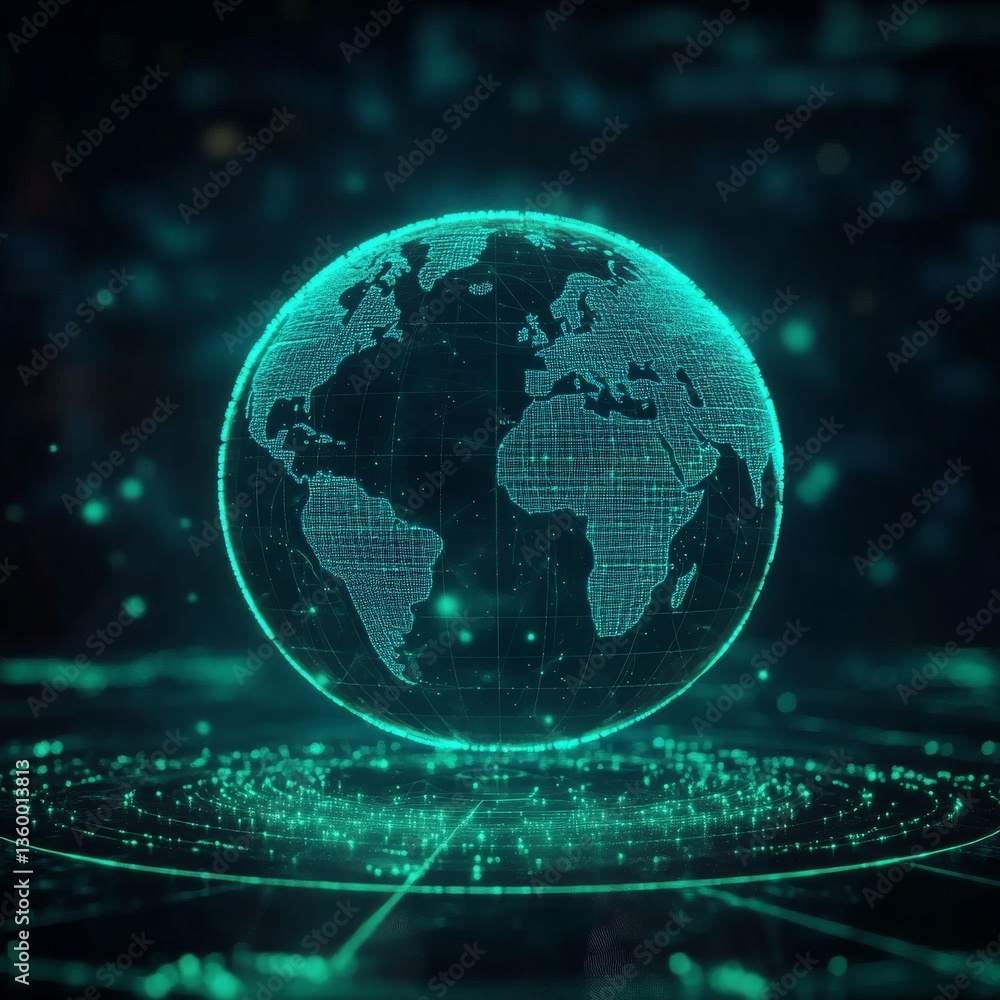 Poster Global Network Technology: Luminous Globe Representing Digital Connectivity and Global Communications 