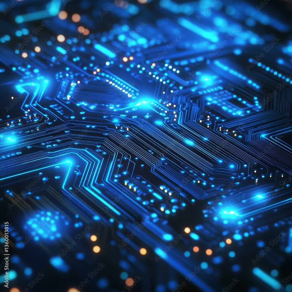 Poster glowing blue: an abstract digital technology background showcasing a circuit board with bright light