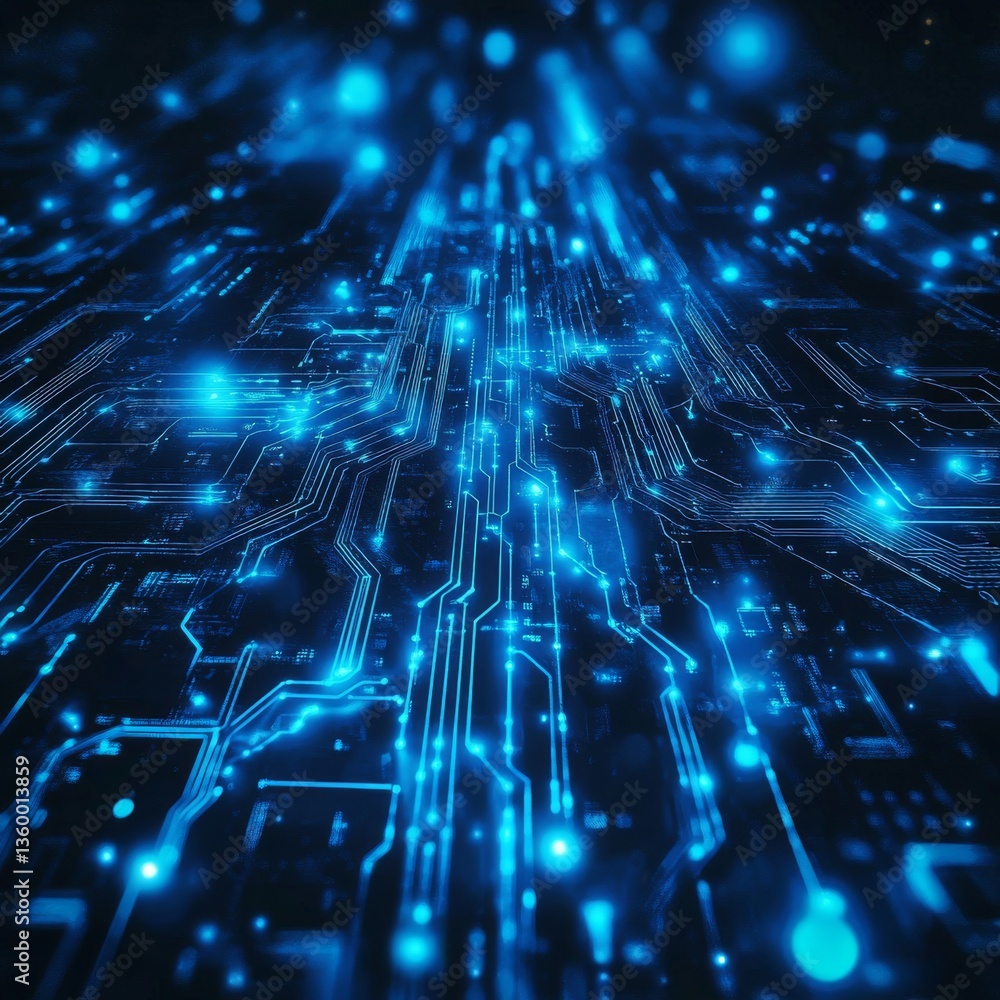 Fototapete Glowing Blue Circuit Board: High-Tech Futuristic Digital Landscape with Data Flow and Artificial Intelligence