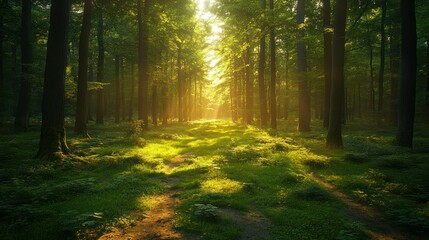 Obraz premium Sunlight streams through a dense forest. Sunlight illuminates a grassy path. Lush green vegetation surrounds tall trees. Golden light creates a magical atmosphere