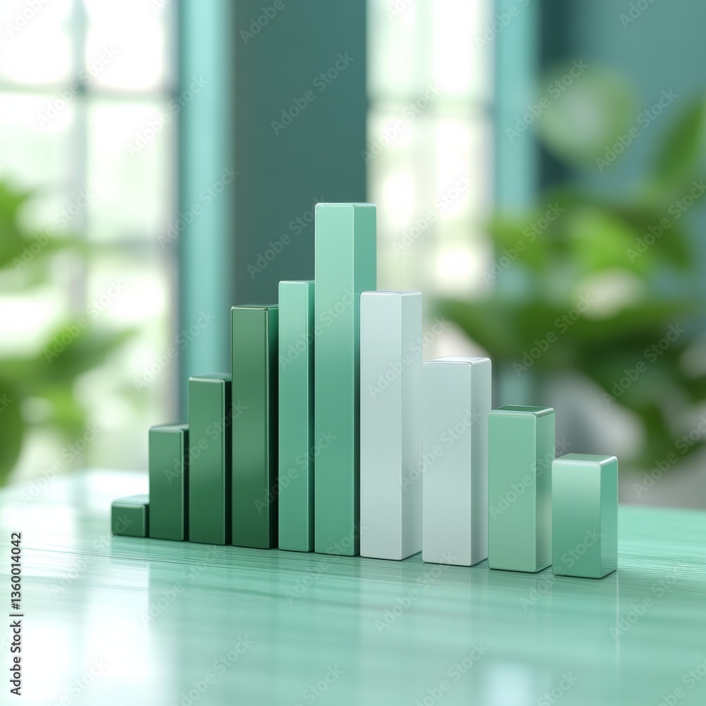 Leinwandbilder Green and White Bar Graph Chart on a Table with a Blurred Background, showing growth and potential in a minimalist aesthetic.