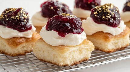 Small square cherry pastries sit on a wire rack, adorned with cream cheese and jam, showcasing their flaky texture and shine