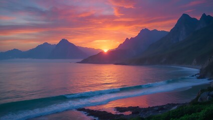 Coastal sunset Mountains silhouette against vibrant sky reflecting on water
