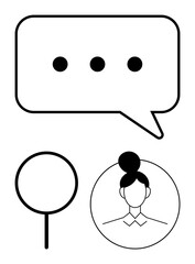 Speech bubble with ellipsis, female avatar in a circle, and magnifying glass. Ideal for communication, search, networking, user profile, identity conversation analysis. Flat simple metaphor