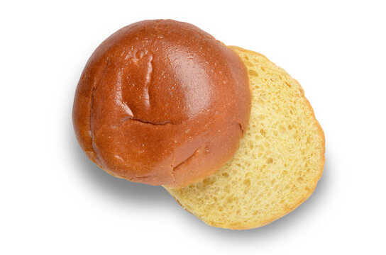 Empty Brioche Bun sliced open whole isolated on white background