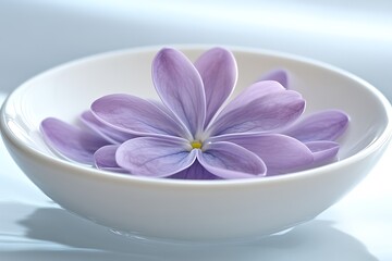 Fototapeta premium A beautiful purple flower rests in a white ceramic bowl