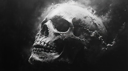 Grim skull, dramatic lighting, smoky background, artistic still life