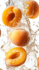 Apricot Splash: Fresh, ripe apricots captured in a dynamic water splash, bursting with juicy texture, vibrant color, and the essence of summer