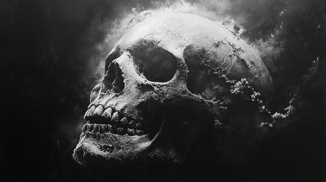 Grim skull, dramatic lighting, smoky background, artistic still life