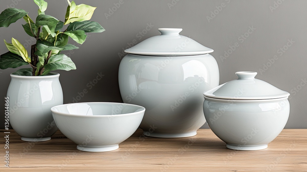 Poster three light gray vases and two bowls on a table create elegant simplicity in a softly lit minimalist