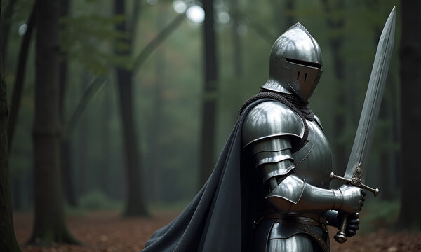 a warrior in an iron suit with a cape in a helmet and with a sword in the forest in the game