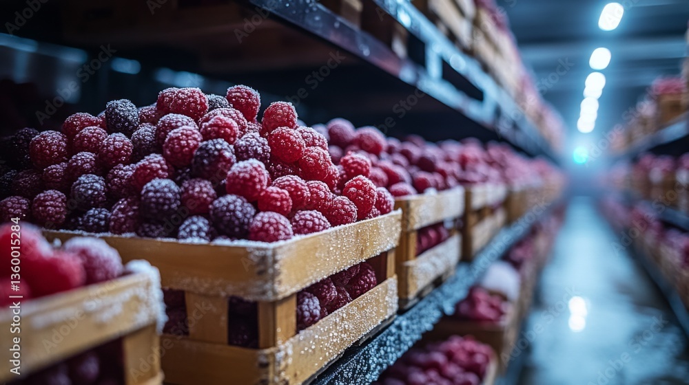 Poster frozen raspberries are neatly stored in wooden crates along rows of shelving in a climate controlled