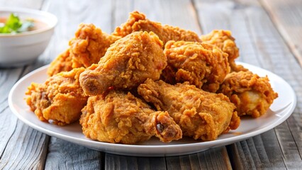 Crispy fried chicken pieces on a white plate.
