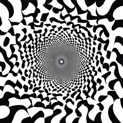 Optical Illusion: Distorted Black and White Checkerboard Vortex Toward a Central Point of Light