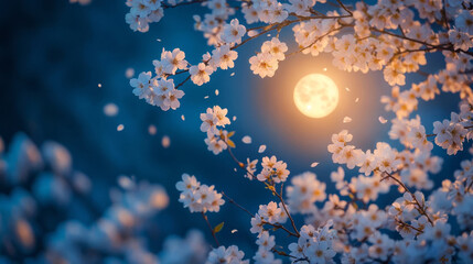 Sakura trees in the moonlight at night