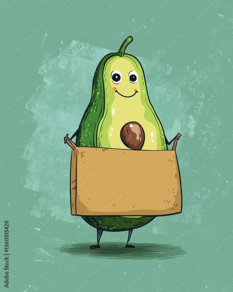 Aufkleber humorous cartoon avocado with a grocery bag in a playful pastel setting brings joy to shopping activ