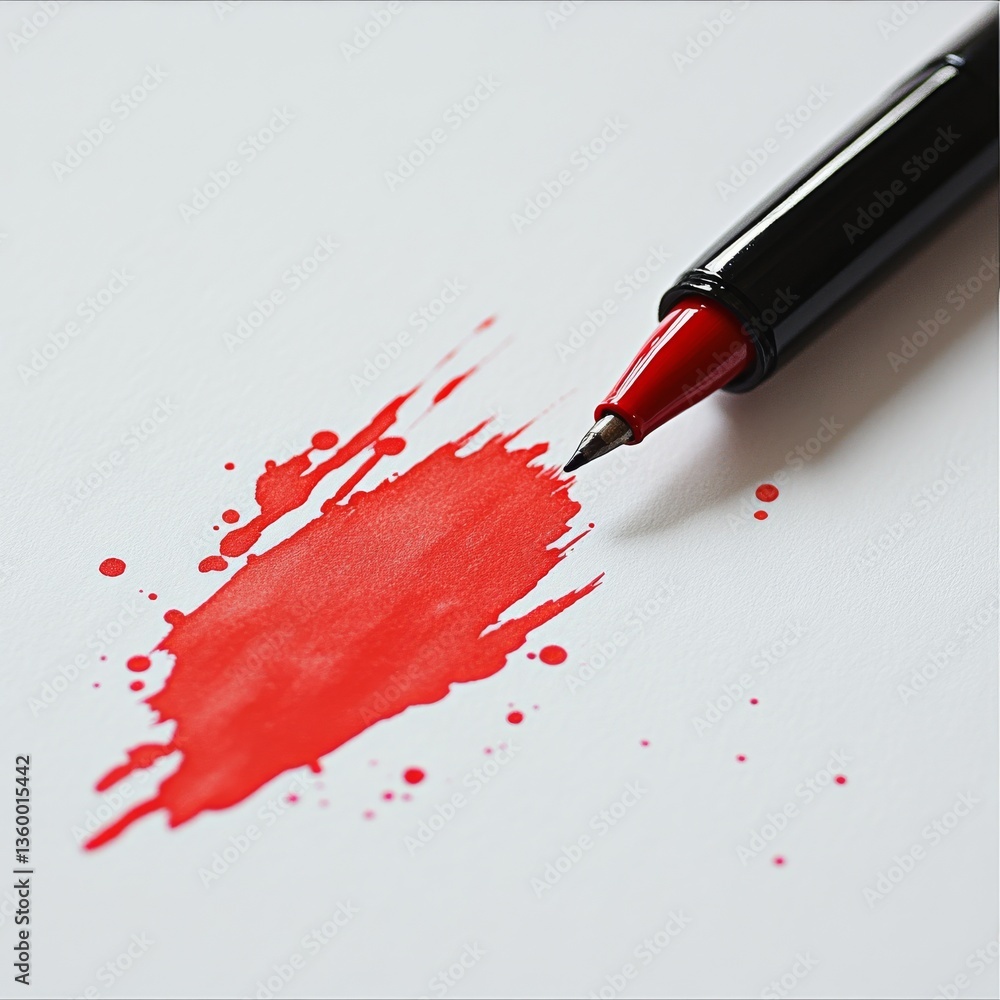 Aufkleber red ink splash: a pen and a vibrant red ink stain on white paper, creating an abstract art piece wit