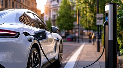 Electric Car Charging at Modern Urban Charging Station at Sunset