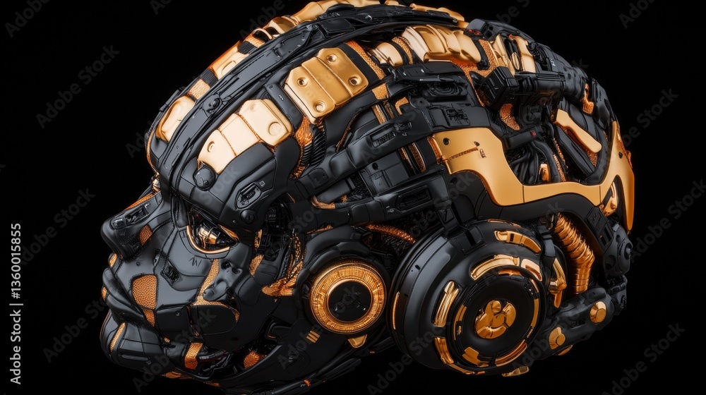 Poster intricate three-dimensional rende of a robotic head featu a black exterior with gold accents and a c