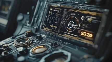 A digital interface progress bar reaching 100 with "Welcome to 2026" text appearing.